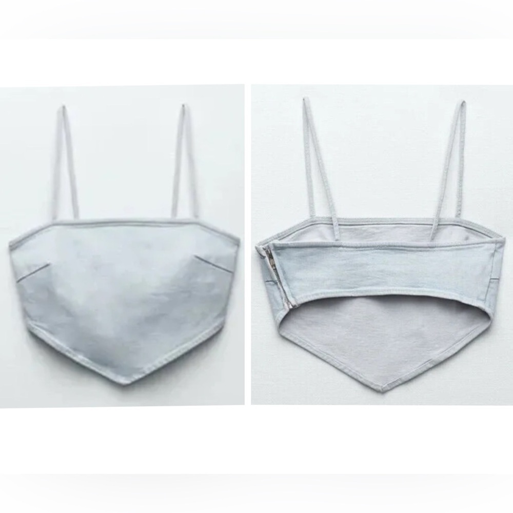 Zara Light Denim Jean Hankerchief Crop Bustier Top Size Large